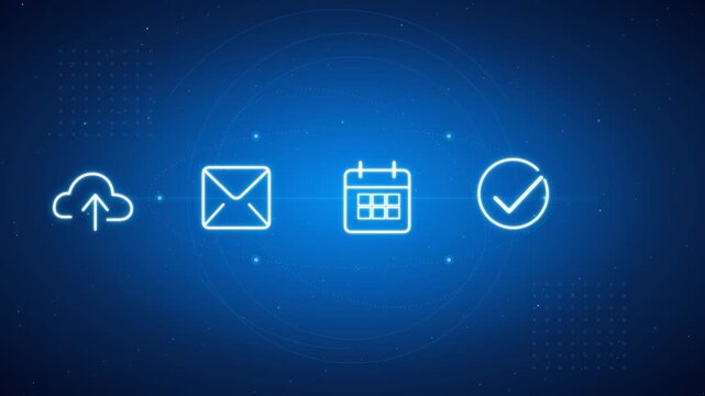 Digital technology communication icons for cloud storage email messaging calendar scheduling and task completion on blue abstract background design