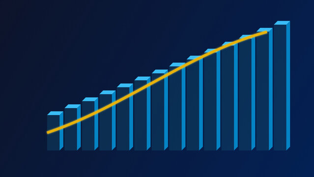 A blue bar chart showing steady financial growth with an ascending yellow trend line against a dark blue background, for business analysis data