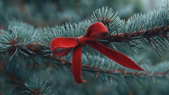 red ribbon tied around frosty pine branch,
