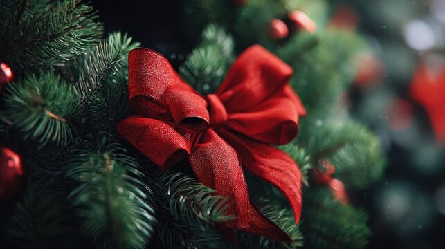 red ribbon bow on green pine wreath,