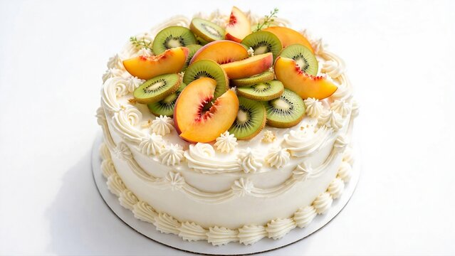 Fresh vanilla birthday cake with kiwi slices and peach slices fruit crown white buttercream rosettes isolated on white background