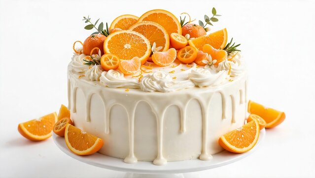 Fresh citrus vanilla birthday cake with orange slices tangerine kumquat white drip glaze white buttercream rosettes isolated
