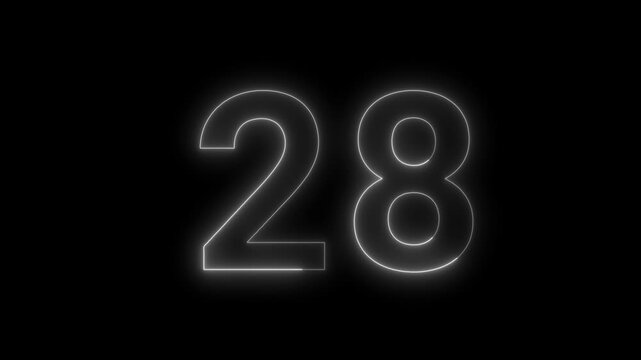 Clean white neon number twenty eight isolated on solid black background for minimalist ui