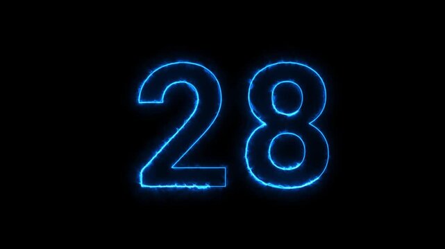 Glowing neon number twenty eight isolated on black background for digital countdown