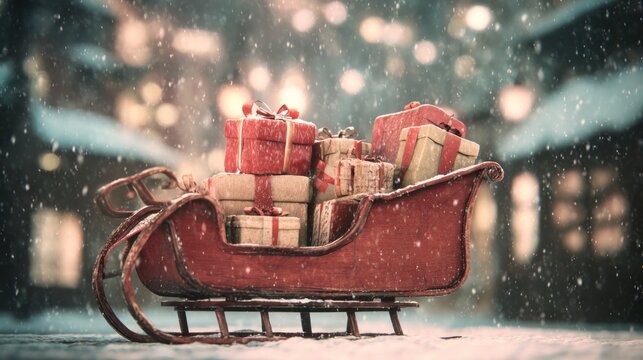 red sleigh filled with Christmas presents