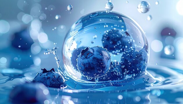 Fresh blueberries floating inside clear liquid glass orb, refreshing concept