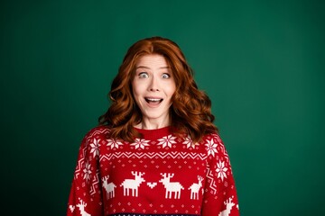 Surprised woman in red Christmas sweater smiling against green background, festive holiday portrait of excited redhead wearing reindeer jumper for winter celebration and seasonal cheer © deagreez