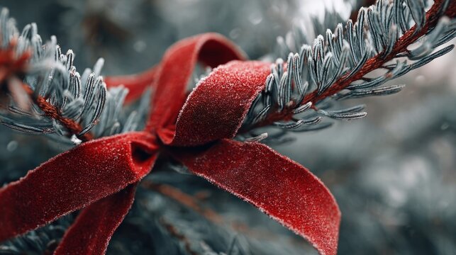 red velvet ribbon on frosty evergreen branch,