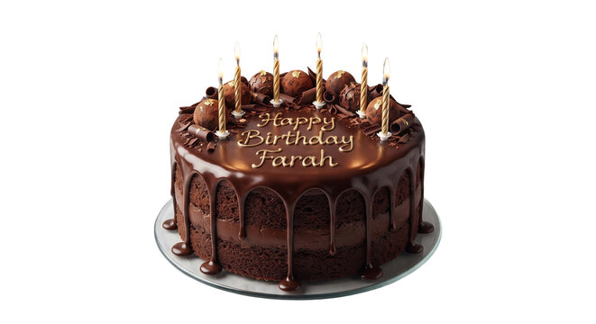 Round chocolate birthday cake with glossy ganache drip, chocolate truffles and lit candles, Happy Birthday Farah