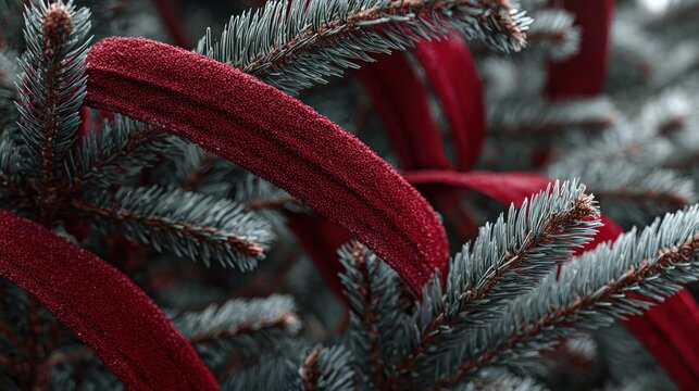 red velvet ribbons on frosted evergreen branches,