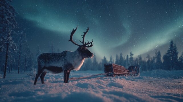 reindeer in snowy field with sleigh bells and northern lights in the sky,