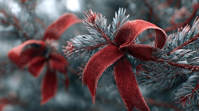 red velvet ribbons on frosted evergreen branches,