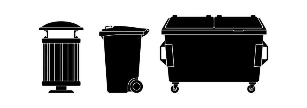 Trash can vector icons set, black trash bin and dumpster silhouette collection, waste management garbage container isolated graphic element