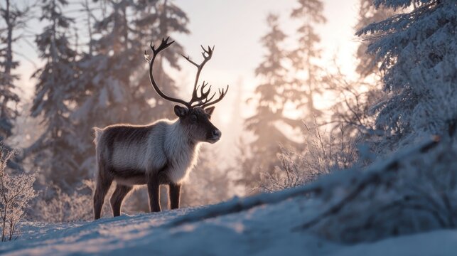 reindeer in snowy forest at sunrise,