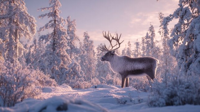 reindeer in snowy forest at sunrise,