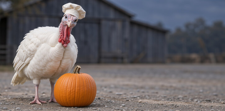White turkey wearing chef hat standing next to orange pumpkin on farm ground. Thanksgiving and Halloween holiday concept with copy space.