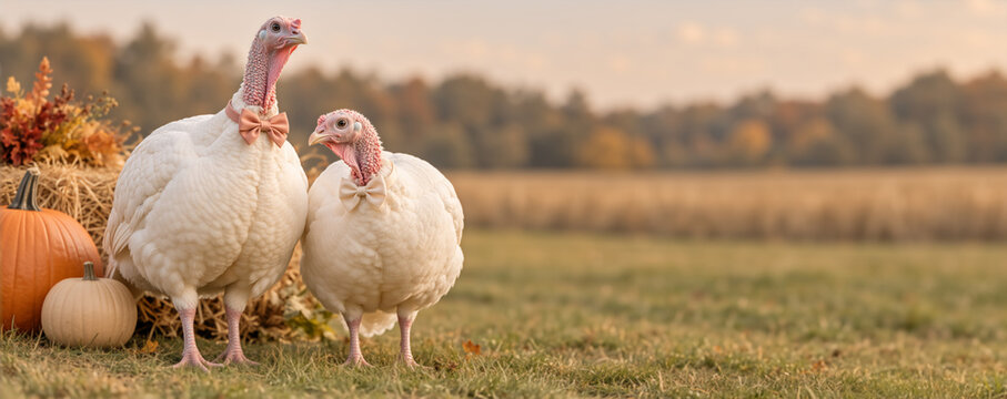 Two white turkeys wearing bow ties standing in autumn field with pumpkins and hay bale. Thanksgiving background