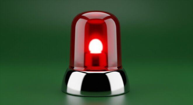 Glowing red warning beacon on chrome base against green background