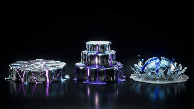 Three abstract metallic platforms featuring a flat disc, a tiered cake shape, and a splashing sphere with purple liquid accents on dark surface