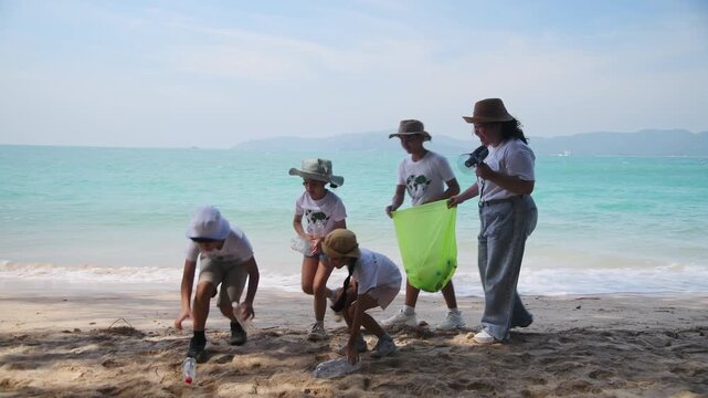 Group of teacher and school children on ecotourist trip  learning show beach take care of environment.