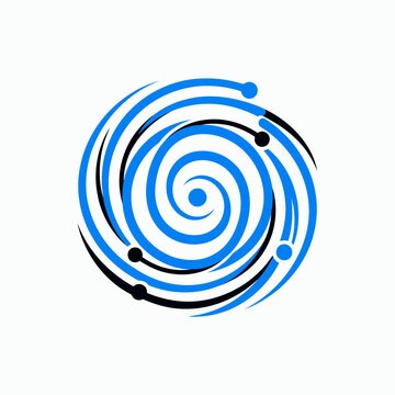 Blue and black spiral vortex tech logo.