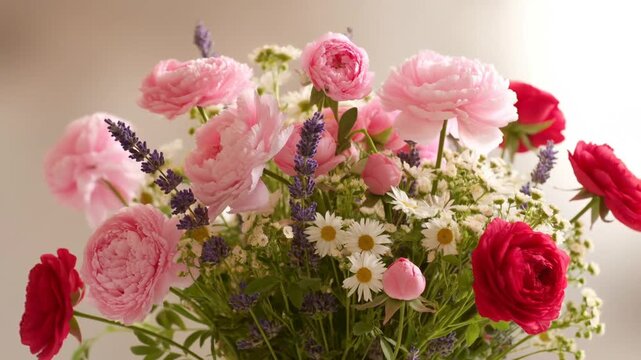 Slow dolly push in close up of mixed flower bouquet with pink ranunculus lavender and daisies on studio table