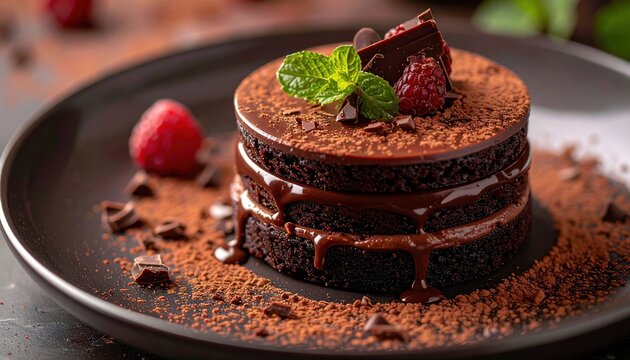 Decadent chocolate dessert showing multiple moist layers