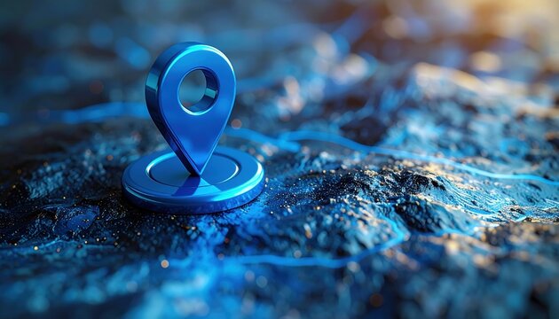 Polished metallic blue location pin marker, modern mapping symbol