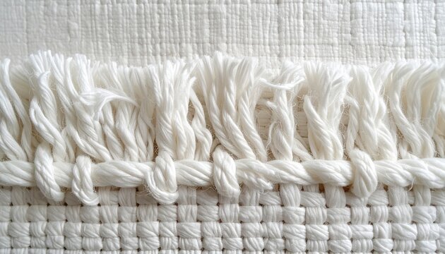 Rough white woven fabric edge with frayed threads
