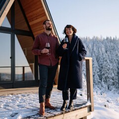Fototapeta premium Couple walking on snowy cabin deck holding wine glasses romantic winter getaway background for lifestyle banner and holiday travel