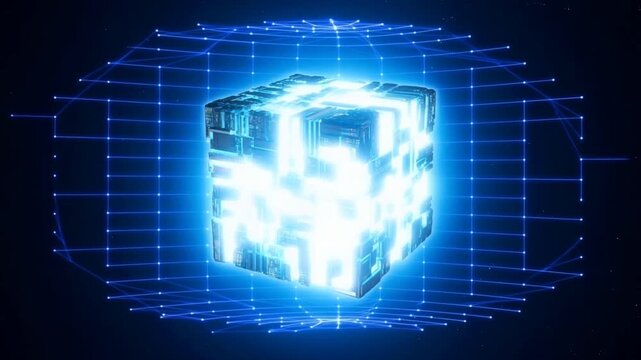 Slow zoom of cube powering up inside holographic grid with digital energy pulses in outer space environment