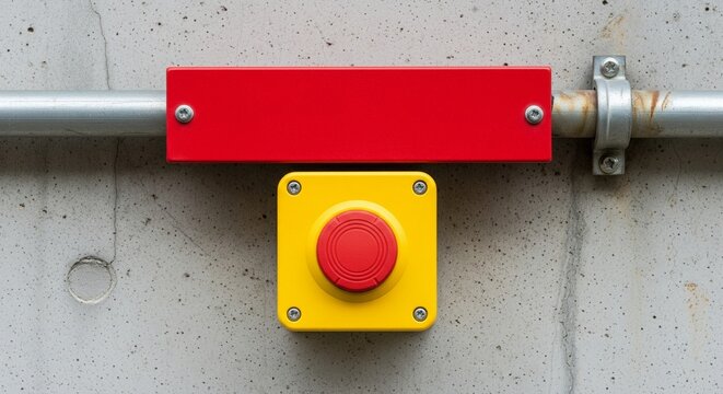 Red emergency stop button on yellow box mounted on concrete wall