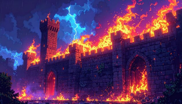 Stone castle entrance burning during a night lightning storm.
