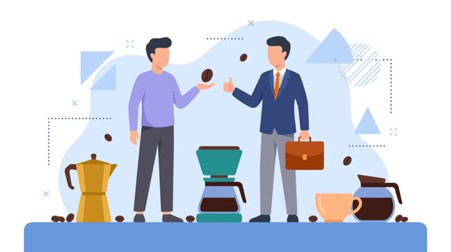 Businessmen Discussing Coffee with Brewing Equipment and Beans