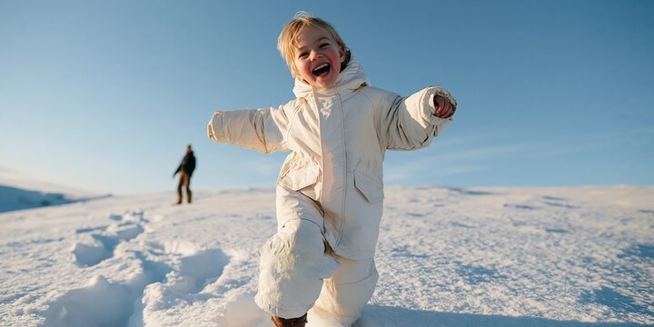 Laughing child in cream snowsuit running toward camera on a snowy field for winter holiday background and playful banner design