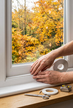 Hands applying sealing tape to a window frame to insulate the home for winter against an autumn foliage view