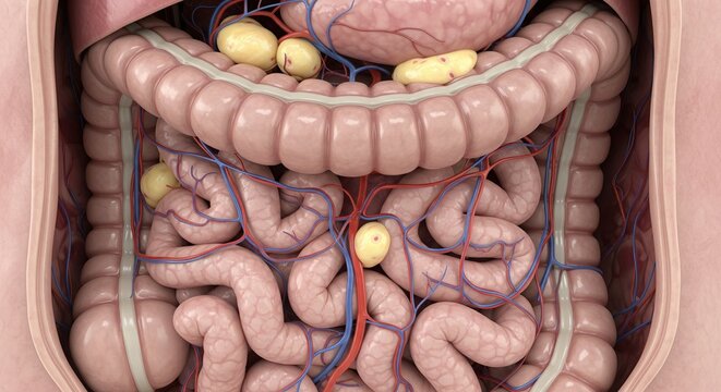 3D medical illustration of human intestines and lymph nodes in abdomen