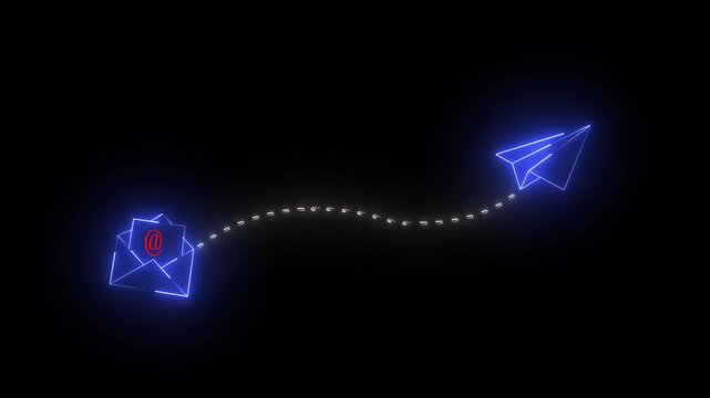 Neon email and paper plane animation: digital communication and global messaging concept