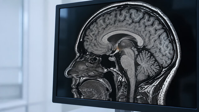 Cluster headache brain MRI radiology concept with subtle hypothalamic focus in a clinical setting for neurology education, patient awareness, healthcare websites and medical imaging presentations