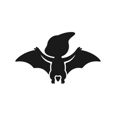 Black silhouette of a little pterodactyl dinosaur flying with wings spread © Sopian