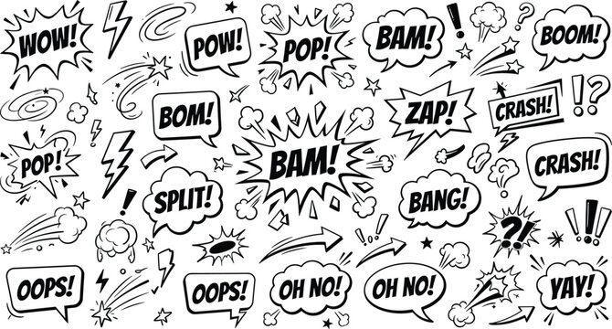 Comic book speech bubbles sound effects doodle set, explosion text bam boom zap crash, retro cartoon elements, vector illustration