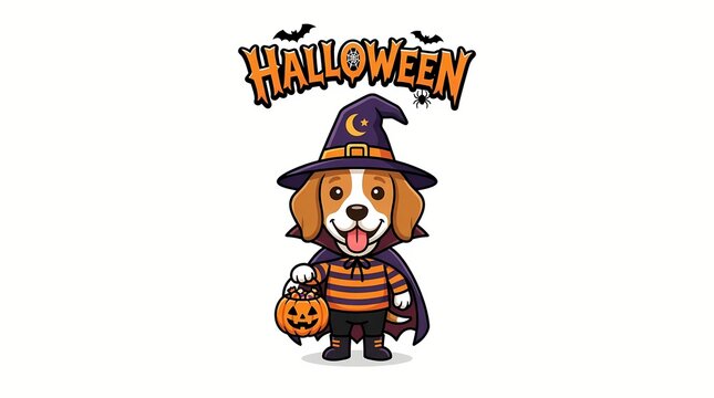 Cute beagle dog wearing a wizard costume and holding a pumpkin lantern for a happy halloween celebration vector illustration.