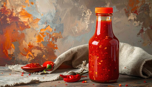 Glass bottle filled with red hot sauce and orange cap, spicy condiment
