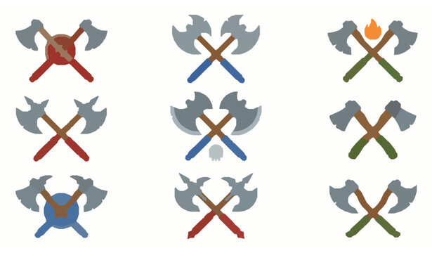Flat crossed battle axes illustrations set with Viking double blade and hatchet designs in steel and wood for fantasy game and warrior design
