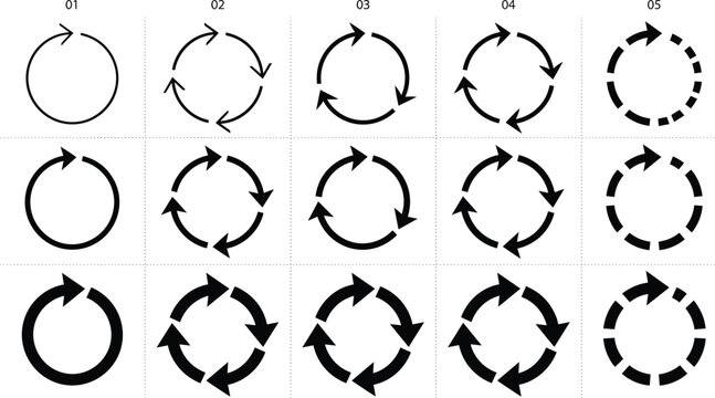 Circular arrow cycle icon set, refresh reload sync loop rotation symbols, repeat update process motion, vector illustration