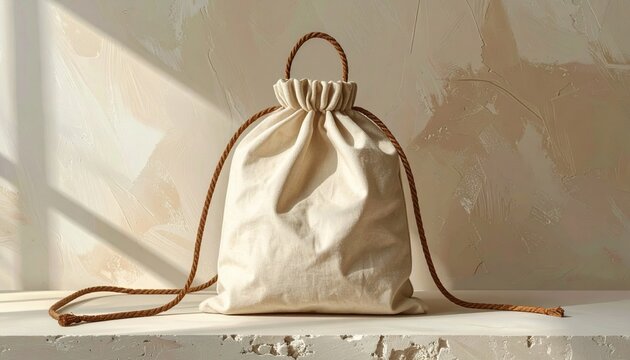 Natural beige canvas drawstring bag with brown rope handles, reusable packaging