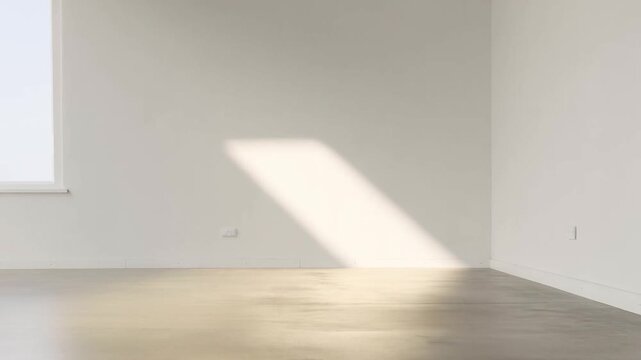 Static shot of sunlit patch shifting across empty room interior with window light on concrete floor during morning