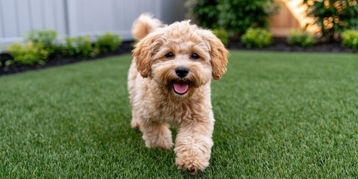 Cute Fluffy Dog Happily Running on Green Artificial Grass in Yard