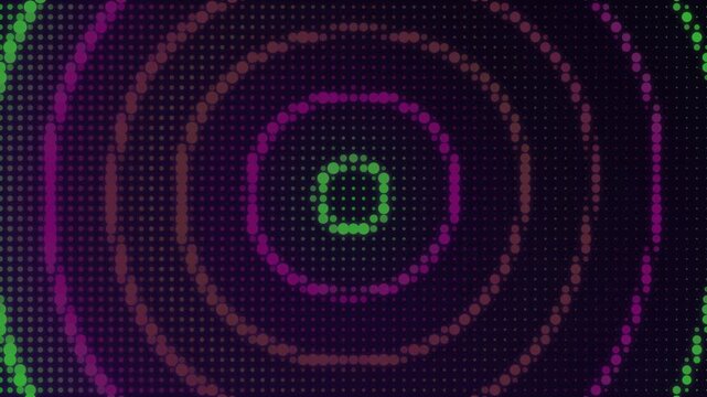 Abstract halftone LED circle motion background, glowing neon purple green dotted tunnel background, digital retro tech display pattern