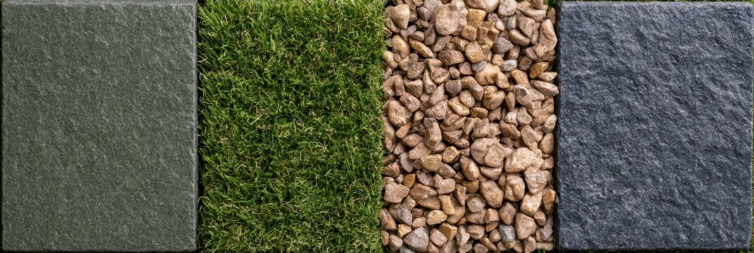 Outdoor Landscaping Materials: Stone Pavers, Artificial Grass, and Gravel Textures for Garden Design